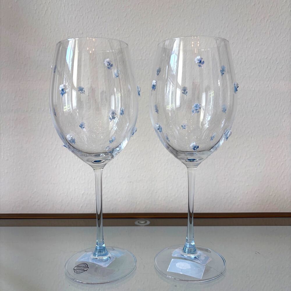 2pc Blue Rose Floral Stemmed Wine Glasses Chic 3D Embellished Barware NEW